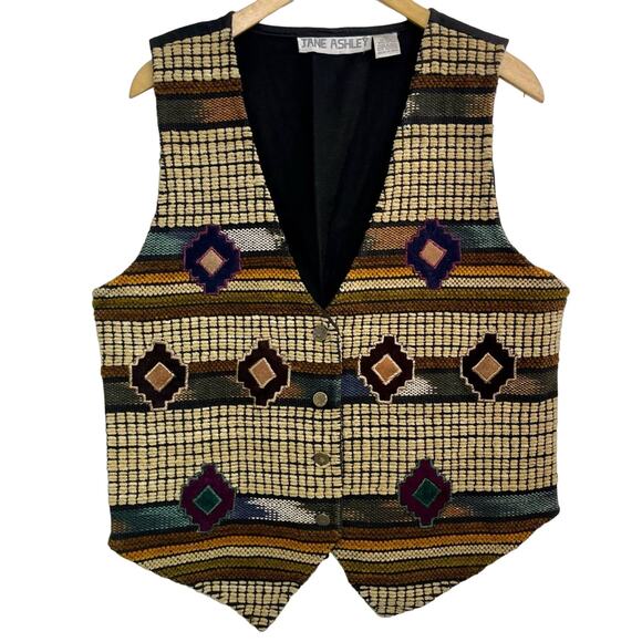 Vintage Jackets & Blazers - Vintage 90s Vest Jane Ashley Medium Aztec Western Retro Top Button Front